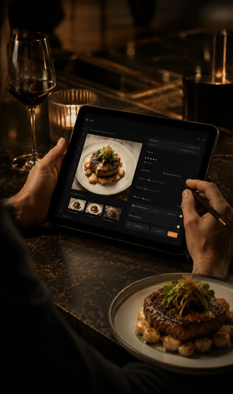 Tablet showing a cinematic restaurant menu merchandising layout