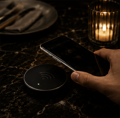 Guest tapping a phone on a Menuverse table entry point