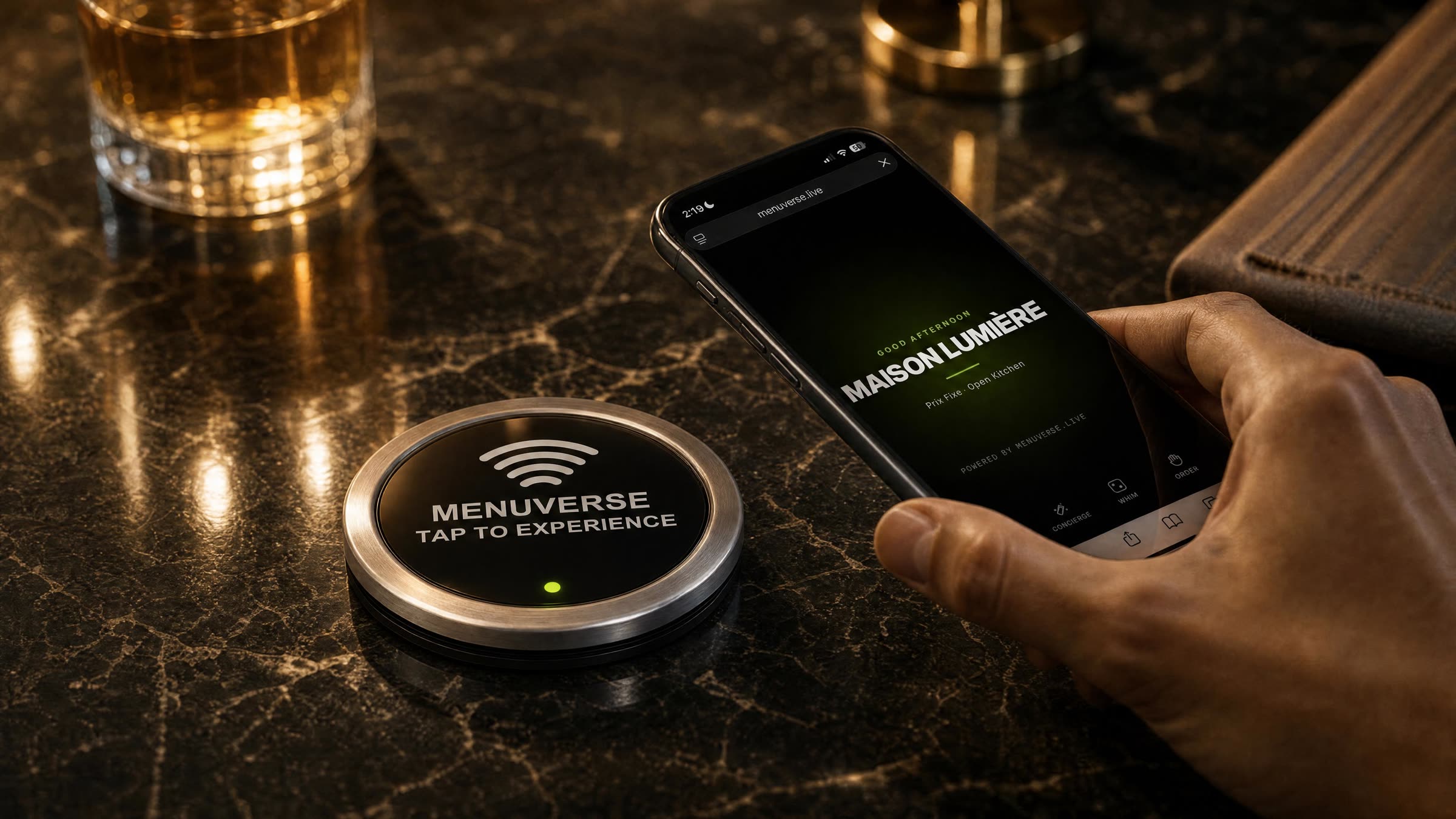 Guest tapping a phone on a Menuverse table entry point