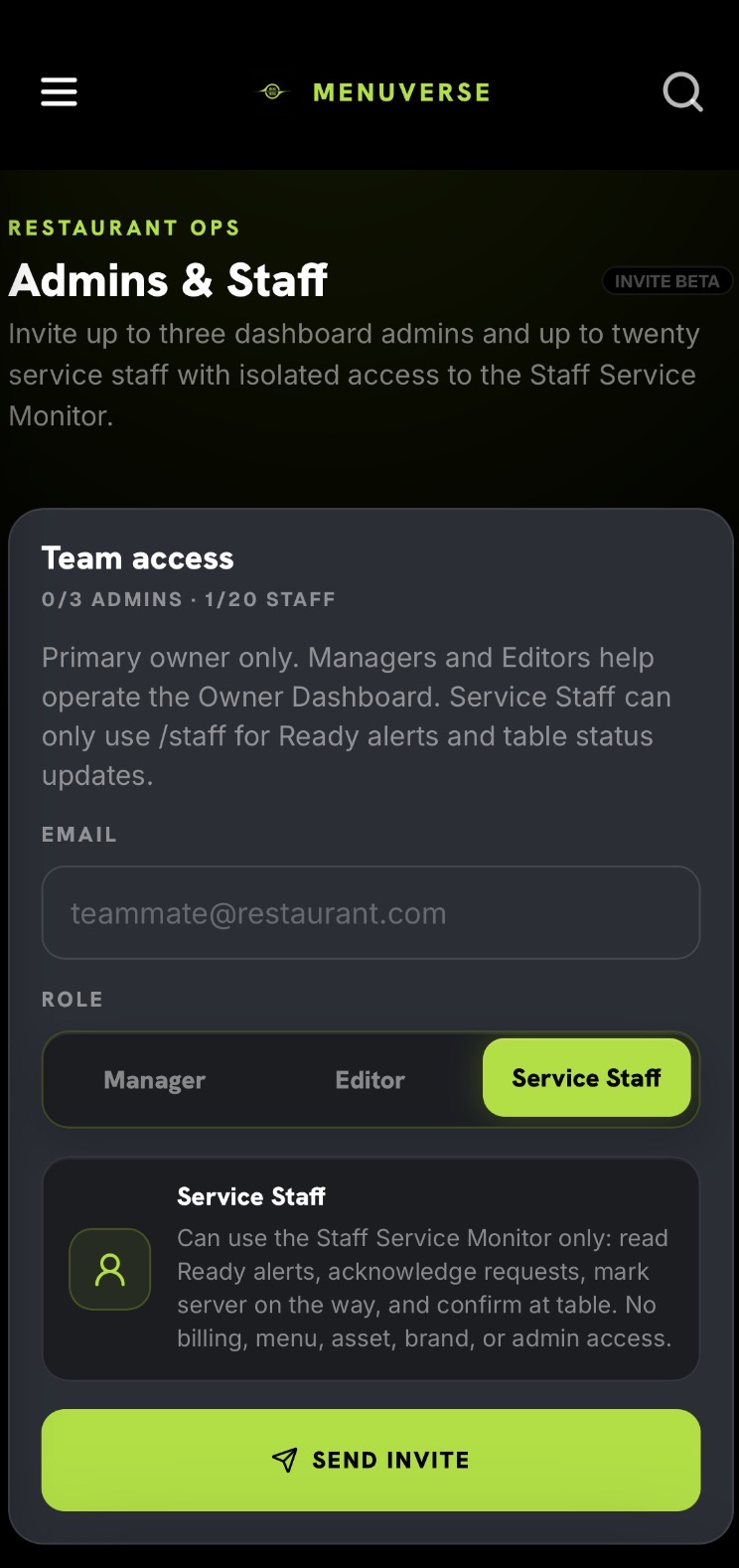 Owner Dashboard Admins and Staff invitation screen with Service Staff option