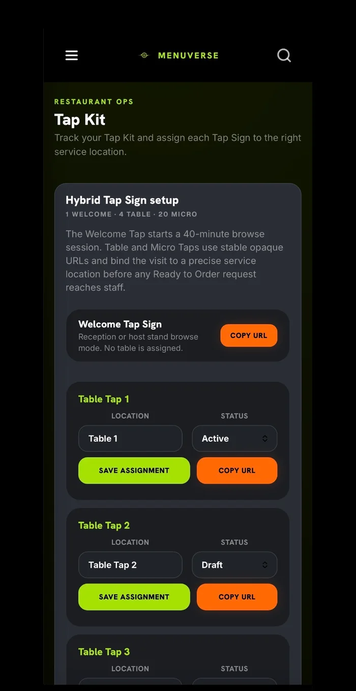 Owner Dashboard Tap Kit assignment screen for naming locations, choosing status, and saving assignments