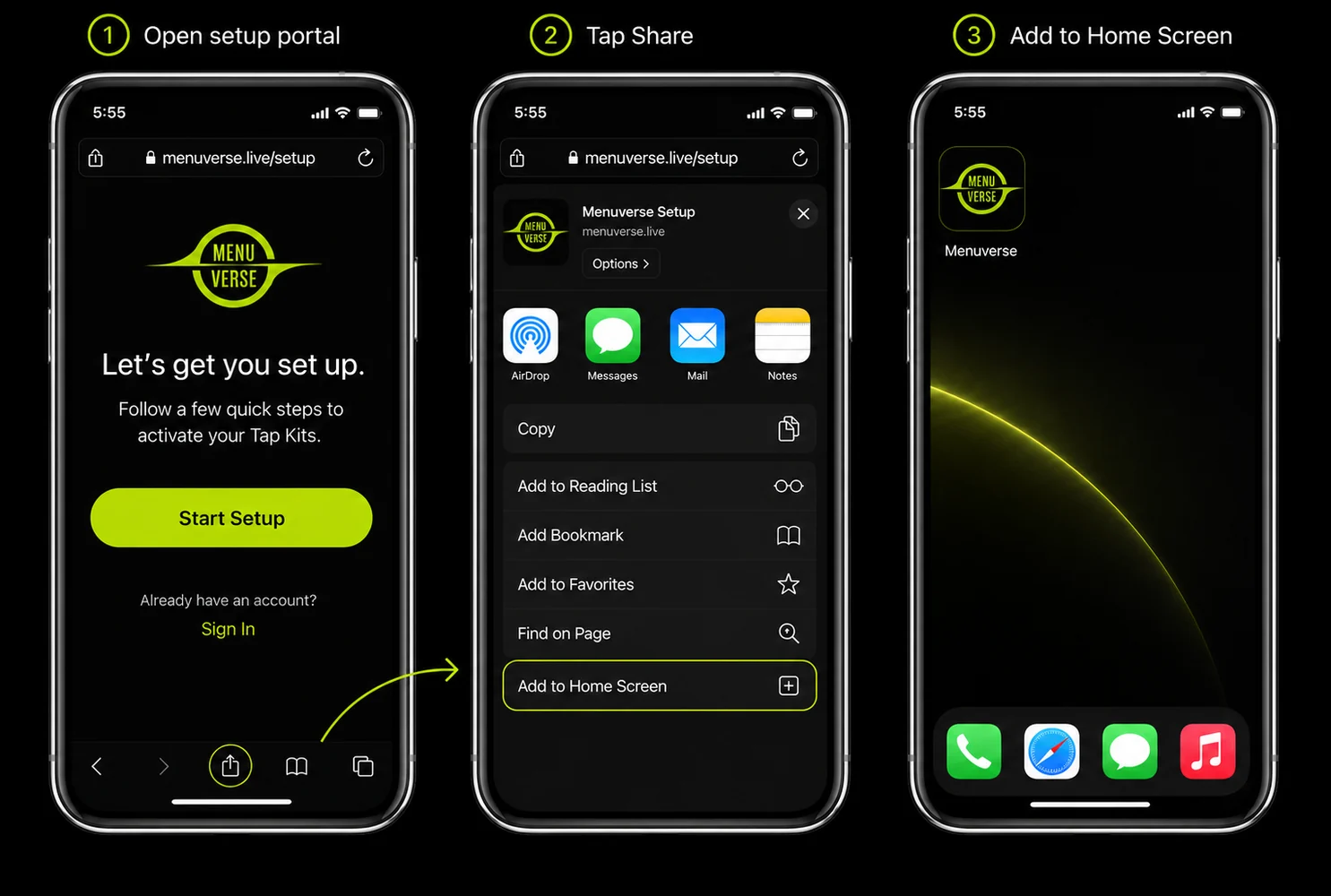 Three iPhone screens showing setup portal, Tap Share, and Add to Home Screen