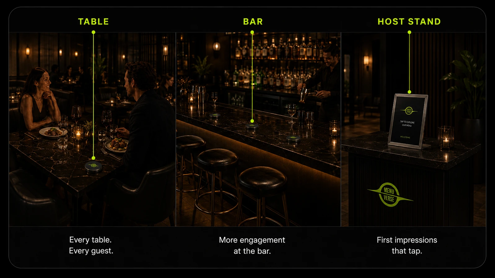 Three placement examples for Menuverse Tap Kits at a table, bar, and host stand