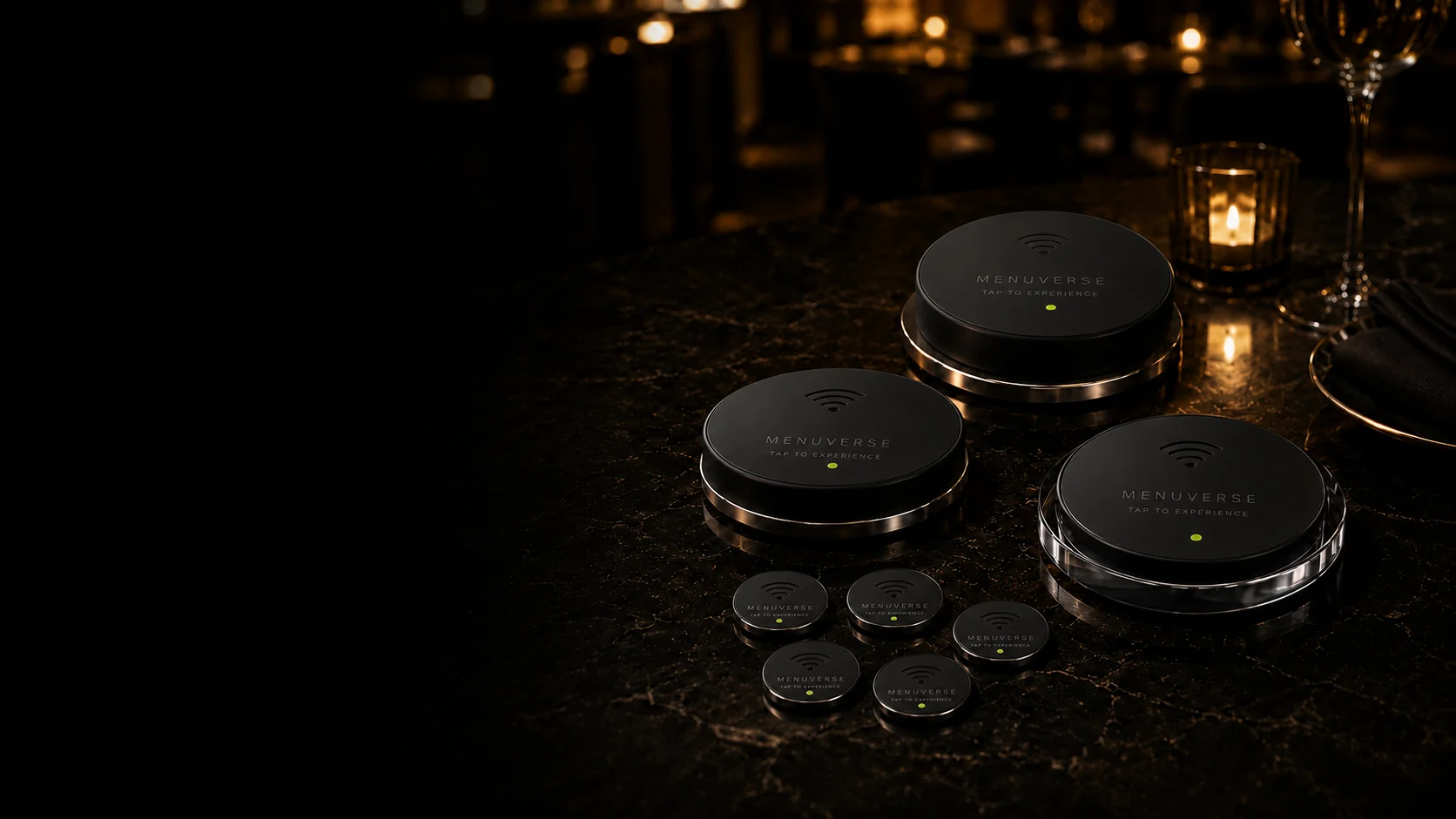 Menuverse Tap Kit entry points arranged on a restaurant table